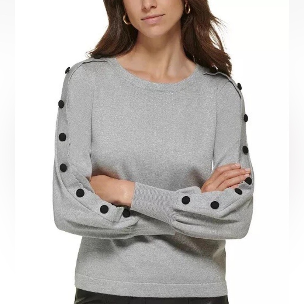 KARL LAGERFELD PARIS Women's Metallic Button-Sleeve Sweater Gray Size XS EUC